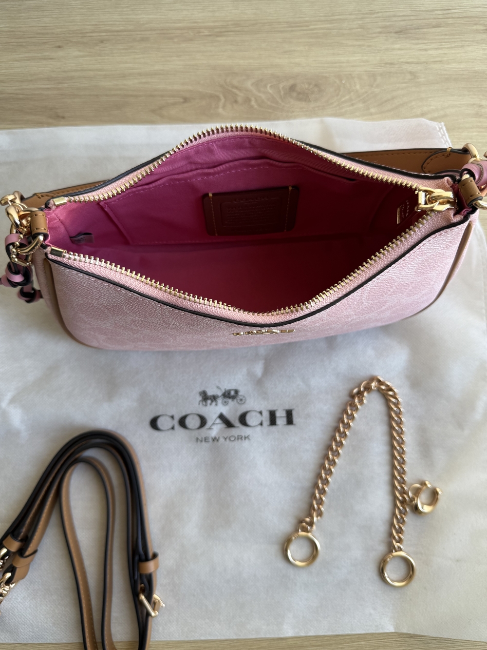 Coach Pink Signature Jacquard Shoulder Bag with Tan Trim & Gold Hardware - Picture 6 of 6
